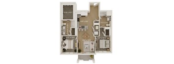 A 3D floor plan of a house with dimensions of each room.