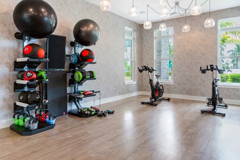 A room with exercise equipment and a window.