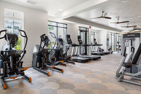 A gym with treadmills, elliptical machines, and stationary bikes.