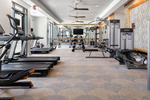 A gym with treadmills, elliptical machines, and other exercise equipment.