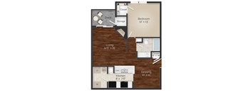 A floor plan of a small apartment with a living room, kitchen, bedroom, and storage.