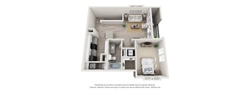 A 3D floor plan of a small apartment with a living room, kitchen, and two bedrooms.