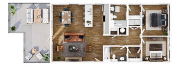 A floor plan of a house with a kitchen, living room, dining room, and two bedrooms.