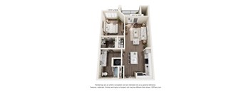 A 3D floor plan of a small apartment with a kitchen, living room, and bathroom.