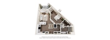 A 3D floor plan of a house with a living room, kitchen, and two bedrooms.