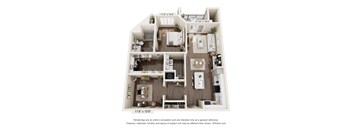 A 3D floor plan of a house with a living room, kitchen, dining room, and two bedrooms.