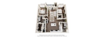 A 3D floor plan of a house with a kitchen, living room, and two bedrooms.
