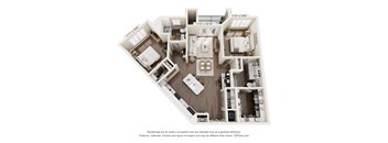 A 3D floor plan of a house with a kitchen, living room, and two bedrooms.