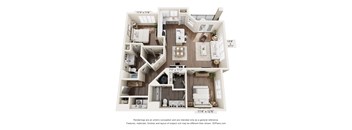 A 3D floor plan of a house with a living room, kitchen, and two bedrooms.
