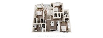 A 3D floor plan of a house with a kitchen, living room, and two bedrooms.