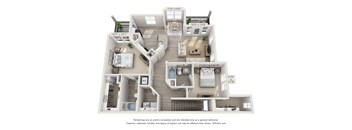 A 3D floor plan of a house with a living room, kitchen, and two bedrooms.