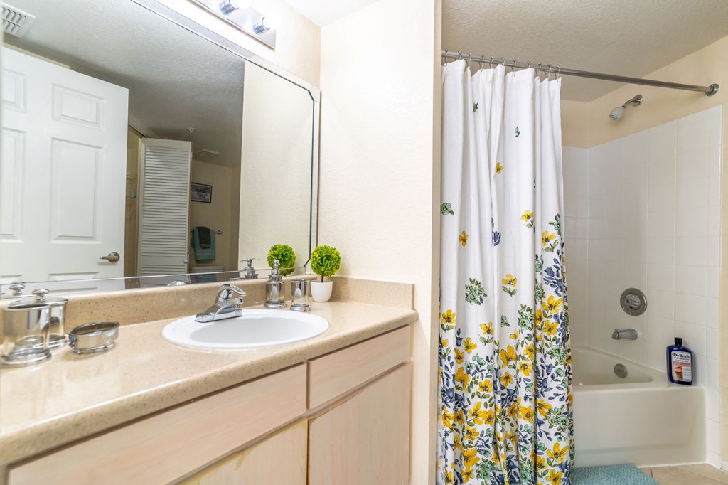 a bathroom with a shower and a sink and a mirror