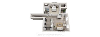A 3D floor plan of a house with a living room, kitchen, and two bedrooms.