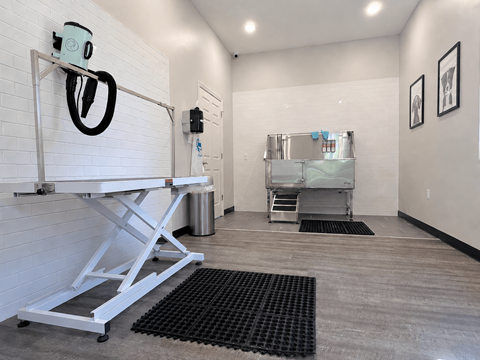 A white brick wall with a black ladder and a black mat on the floor.