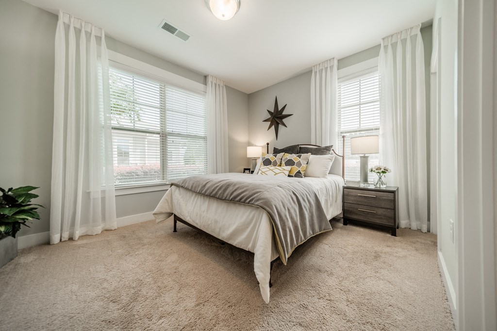 a bedroom with a bed and two windows