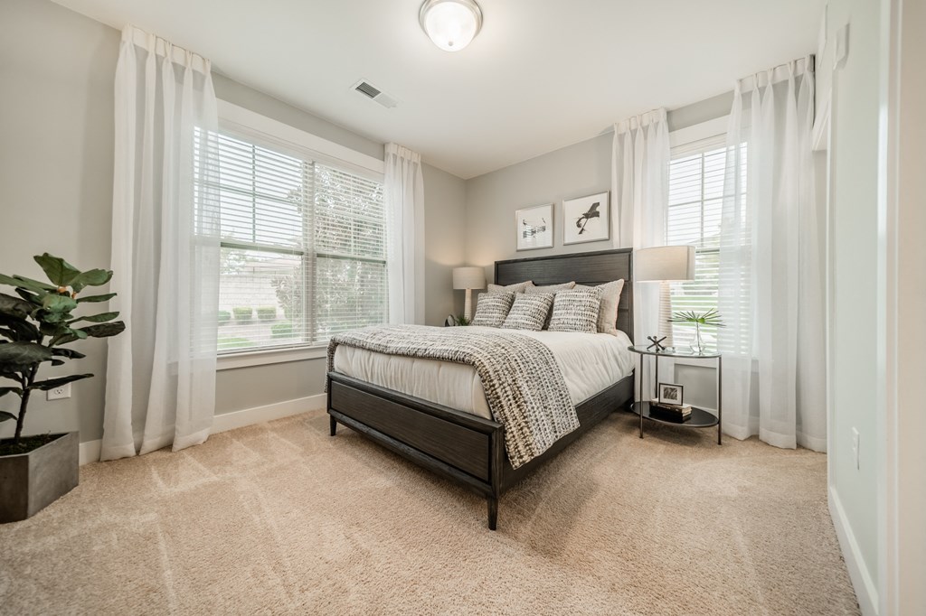 a bedroom with a bed and two windows