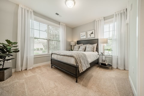 a bedroom with a bed and two windows