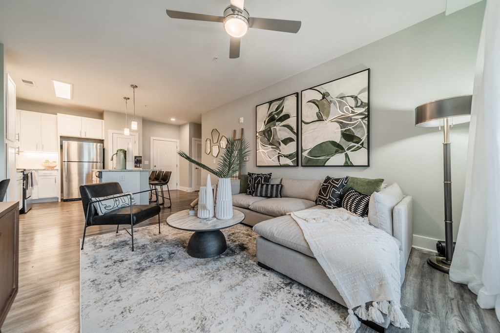 a living room with a couch and a table