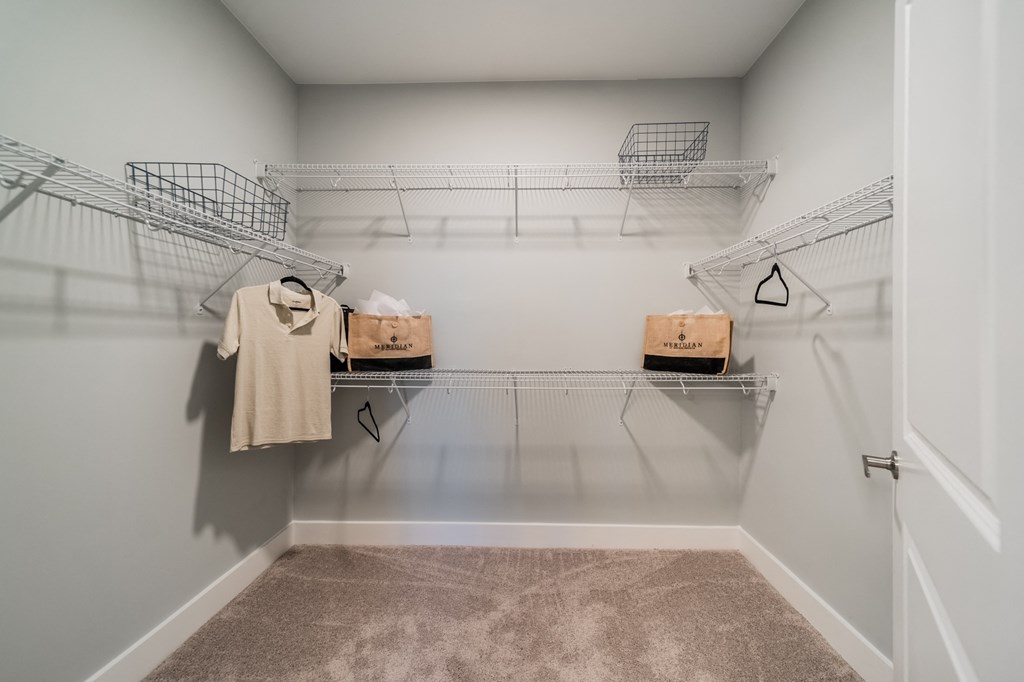 our spacious walk in closets are equipped with shelves and baskets for clothes and shoes