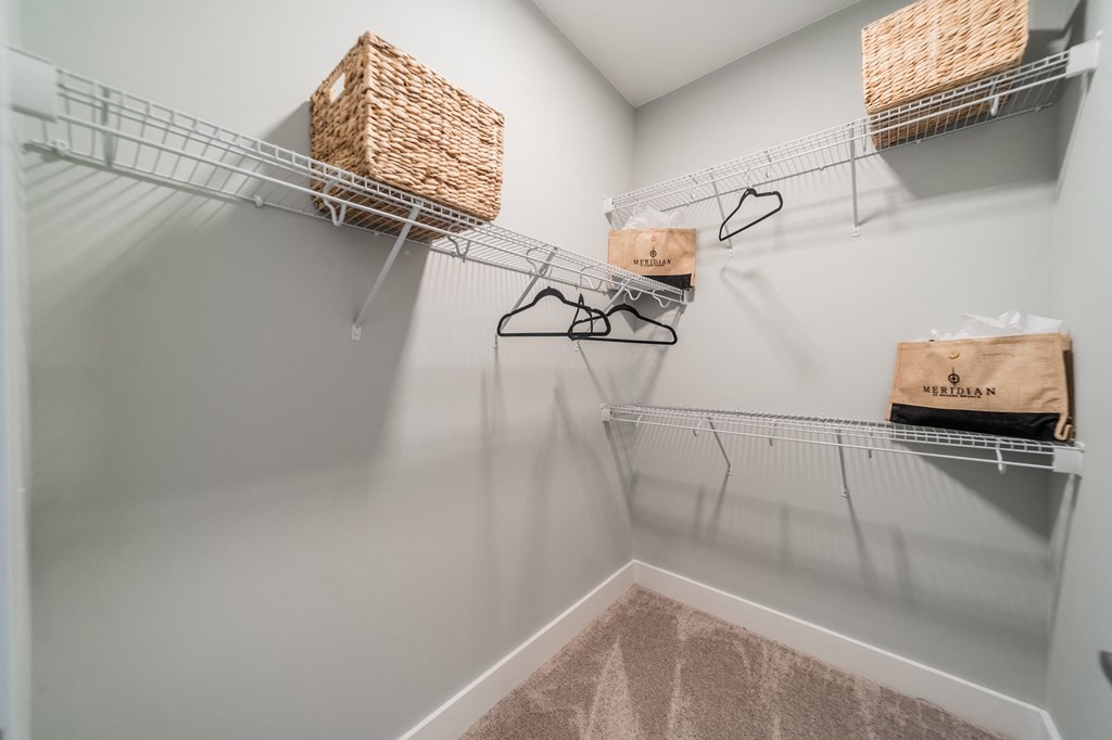 spacious walk in closet with shelves and baskets at the preserve at greatstone