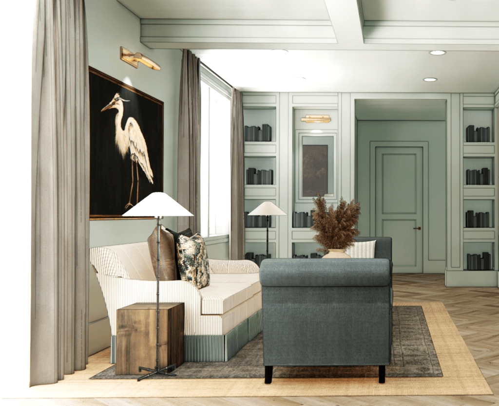 a living room with a couch and a chair