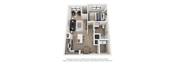A 3D floor plan of a house with a kitchen, living room, and two bedrooms.