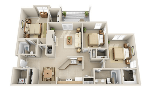a 3d floor plan of a house with bedrooms and a living room
