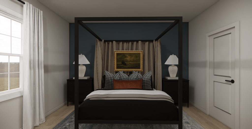 a bedroom with a bed and a canopy
