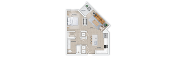A floor plan of a small apartment with a bedroom, bathroom, kitchen, living room, and closet.