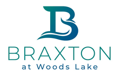 A logo with the text "BRAXTON at Woods Lake" in blue.