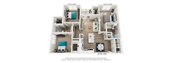 A 3D floor plan of a two-bedroom apartment.