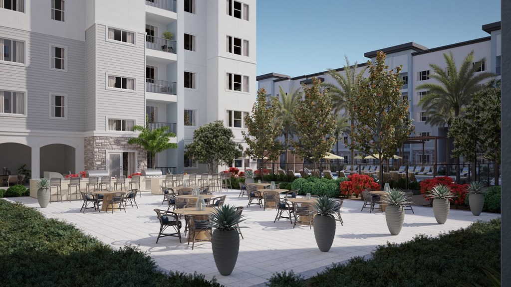 a rendering of a patio with tables and chairs in a courtyard