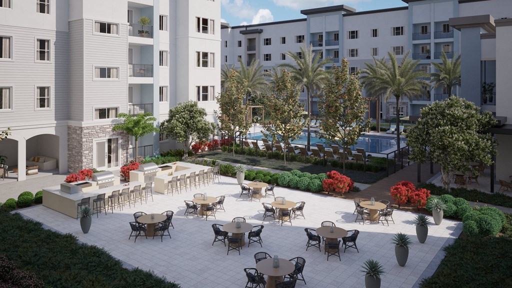 a rendering of a courtyard with tables and chairs