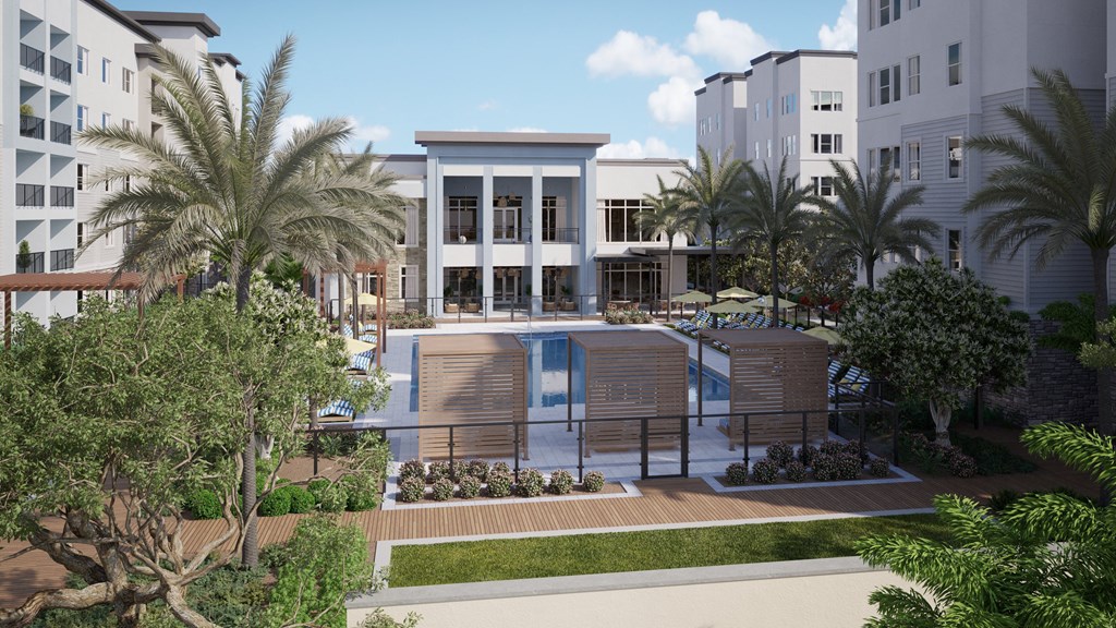 a rendering of a building with palm trees and a pool