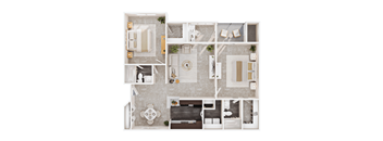 A floor plan of a house with a kitchen, living room, dining room, and bathroom.