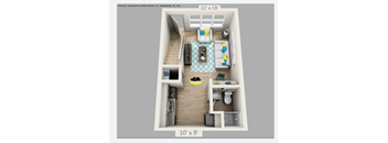 a 3d rendering of a bedroom with a bathroom and a living room