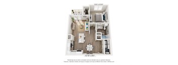 A 3D floor plan of a small apartment with a kitchen, living room, and bathroom.