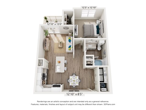 A 3D floor plan of a small apartment with a kitchen, living room, and bathroom.