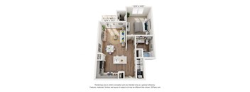 A 3D floor plan of a small apartment with a kitchen, living room, and bedroom.