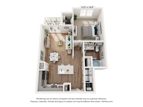 A 3D floor plan of a small apartment with a kitchen, living room, and bedroom.