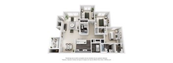 A 3D Floor Plan of an Apartment with Multiple Rooms and Furniture.