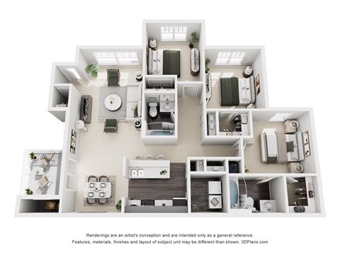 A 3D Floor Plan of an Apartment with Multiple Rooms and Furniture.