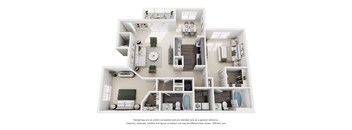 A 3D floor plan of a house with a kitchen, living room, and bathrooms.