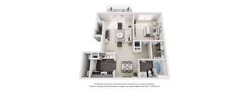 A 3D floor plan of a house with a living room, kitchen, and bathroom.
