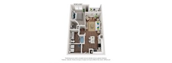 a 3d furnished floor plan of a 1 bedroom apartment