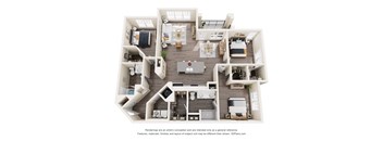 A 3D floor plan of a house with a kitchen, living room, and bedrooms.
