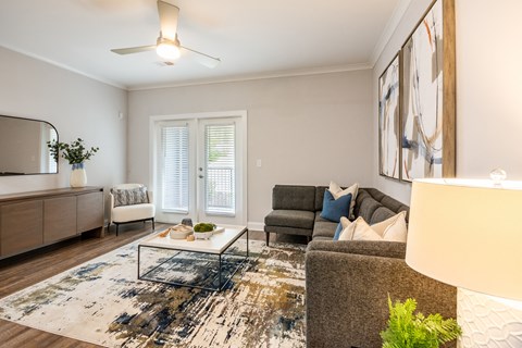 a living room with a couch and a coffee table