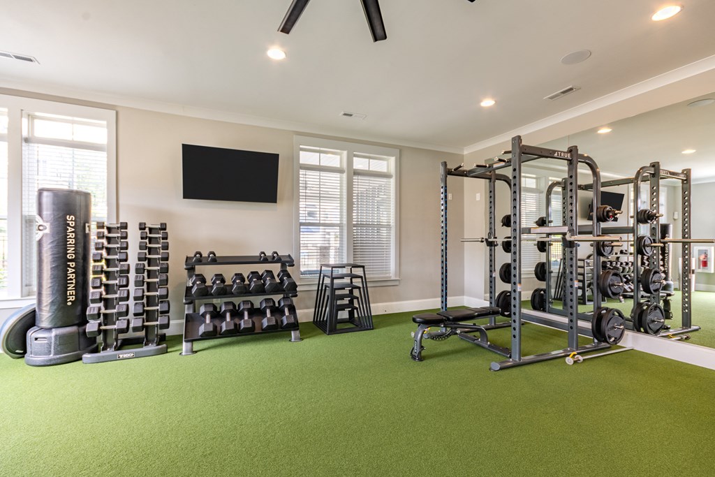 a home gym with weights and a tv on the wall