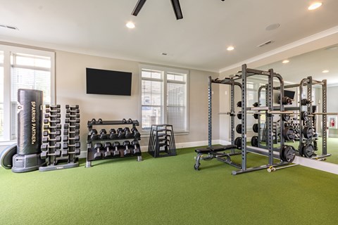 a home gym with weights and a tv on the wall