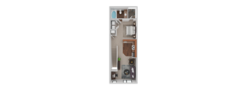 A top-down view of a small apartment with a bed, a desk, a chair, a couch, a kitchenette, and a bathroom.